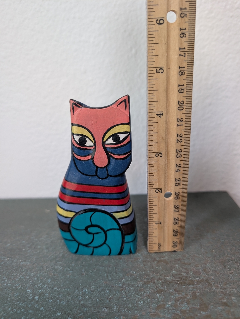 Vintage Laurel Burch Style Hand Painted & Carved Wood Colorful Cat Sculpture - Picture 7 of 7